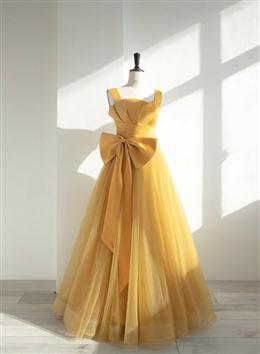 Picture of Yellow Tulle Long Party Dresses with Bow, Yellow Formal Dresses Evening Gown